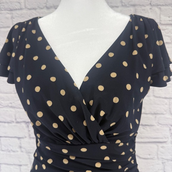 Lauren Ralph Lauren Black Beige Polka Dot Ruched Faux Wrap Sheath Dress Size 6 - Picture 2 of 9
